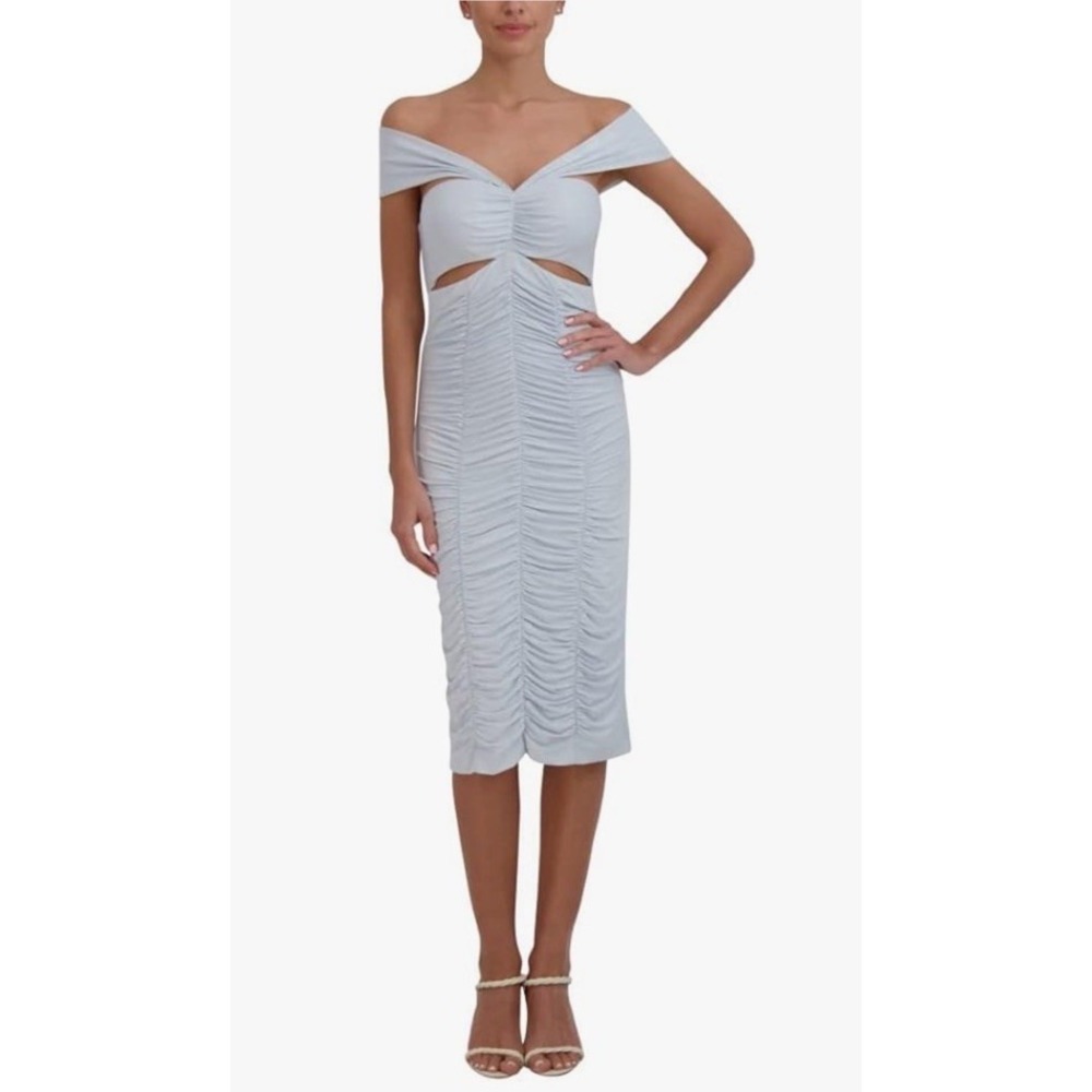 BCBGMAXAZRIA Women Dress Off The Shoulder Midi Cut Out Baby Blue Size Small NWT